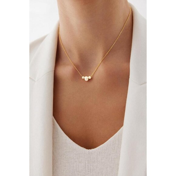 Women's 3 Gold Pearl Necklace 14k Gold Plated Dainty Pearl Necklace Choker - Picture 3 of 7